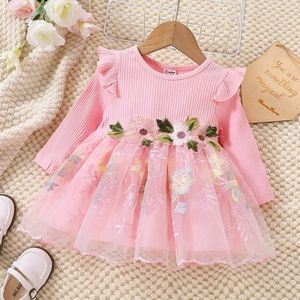Baby Girl Long-sleeve Bowknot Lace Mesh Party Dress (Size: 9-12m, 12-18m)
